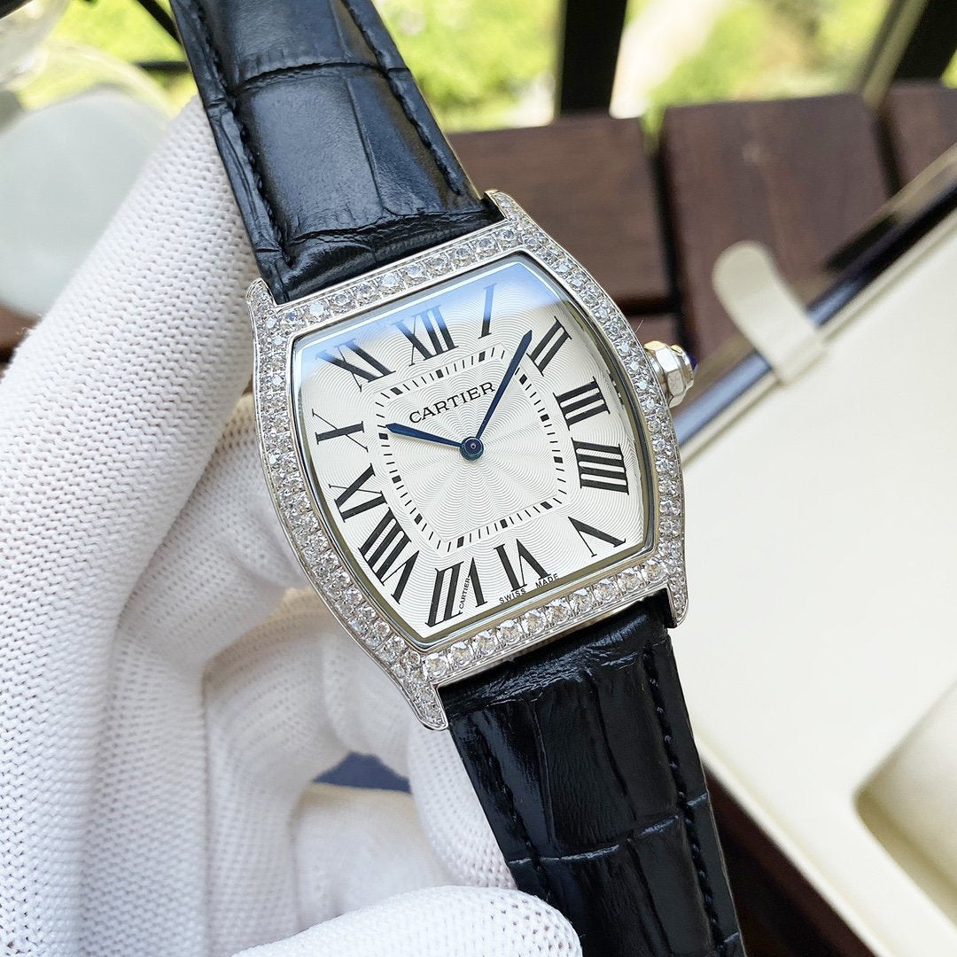 CARTIER TORTUE 40MM DIAMOND BEZEL LEATHER STRAP