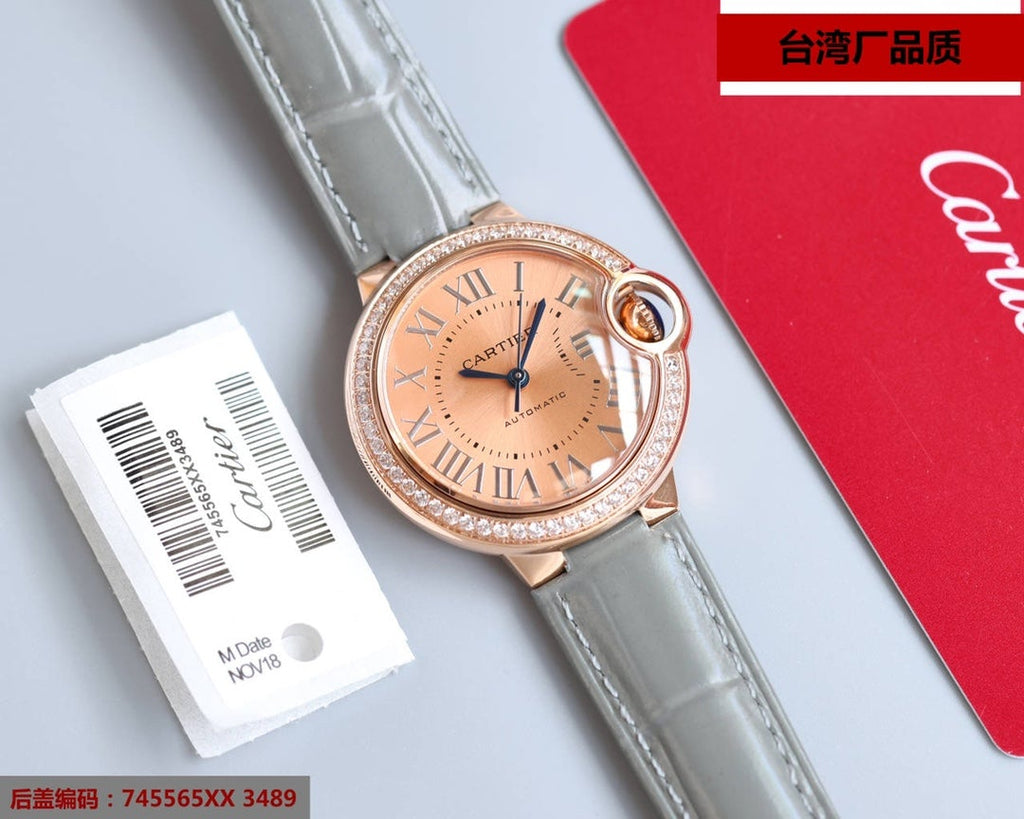 CARTIER BALLON BLEU 33MM ROSE GOLD GREY LEATHER