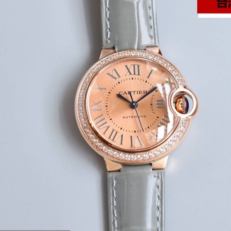 CARTIER BALLON BLEU 33MM ROSE GOLD GREY LEATHER