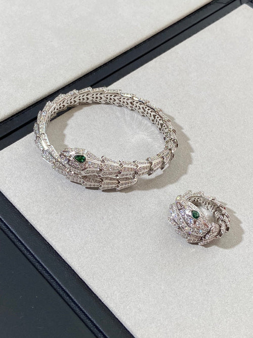 Bvlgari SERPENT MALACHITE SILVER DIAMOND PAVED BRACELET