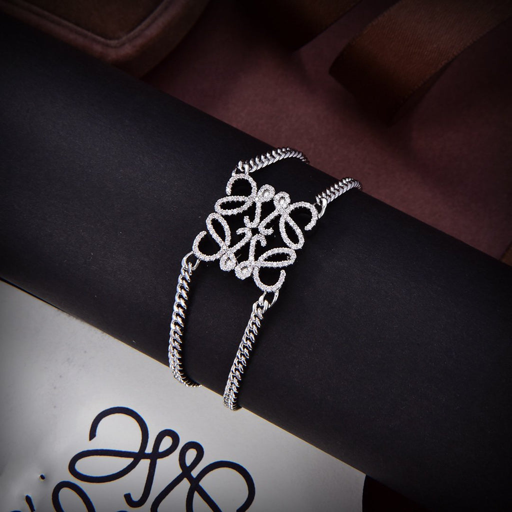 LOEWE PAVED ANAGRAM DOUBLE CHAIN SILVER BRACELET