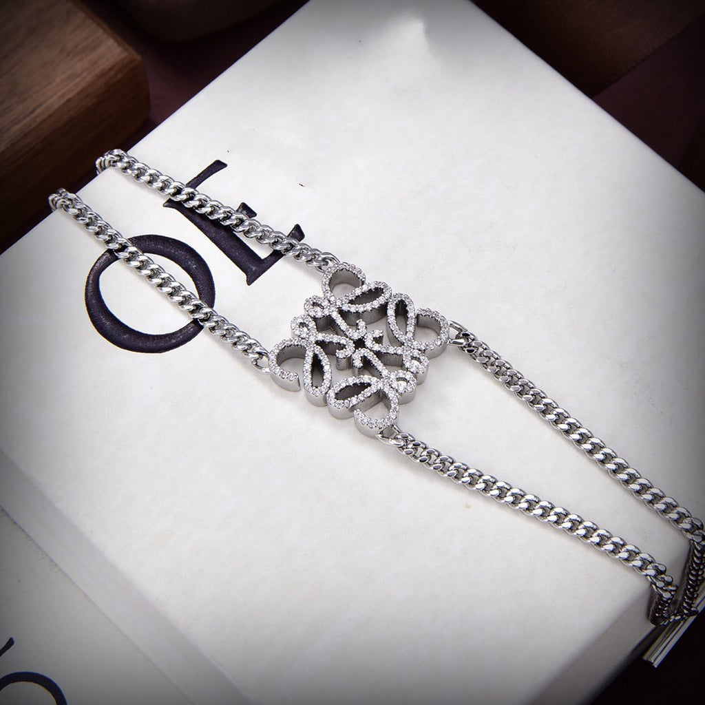LOEWE PAVED ANAGRAM DOUBLE CHAIN SILVER BRACELET