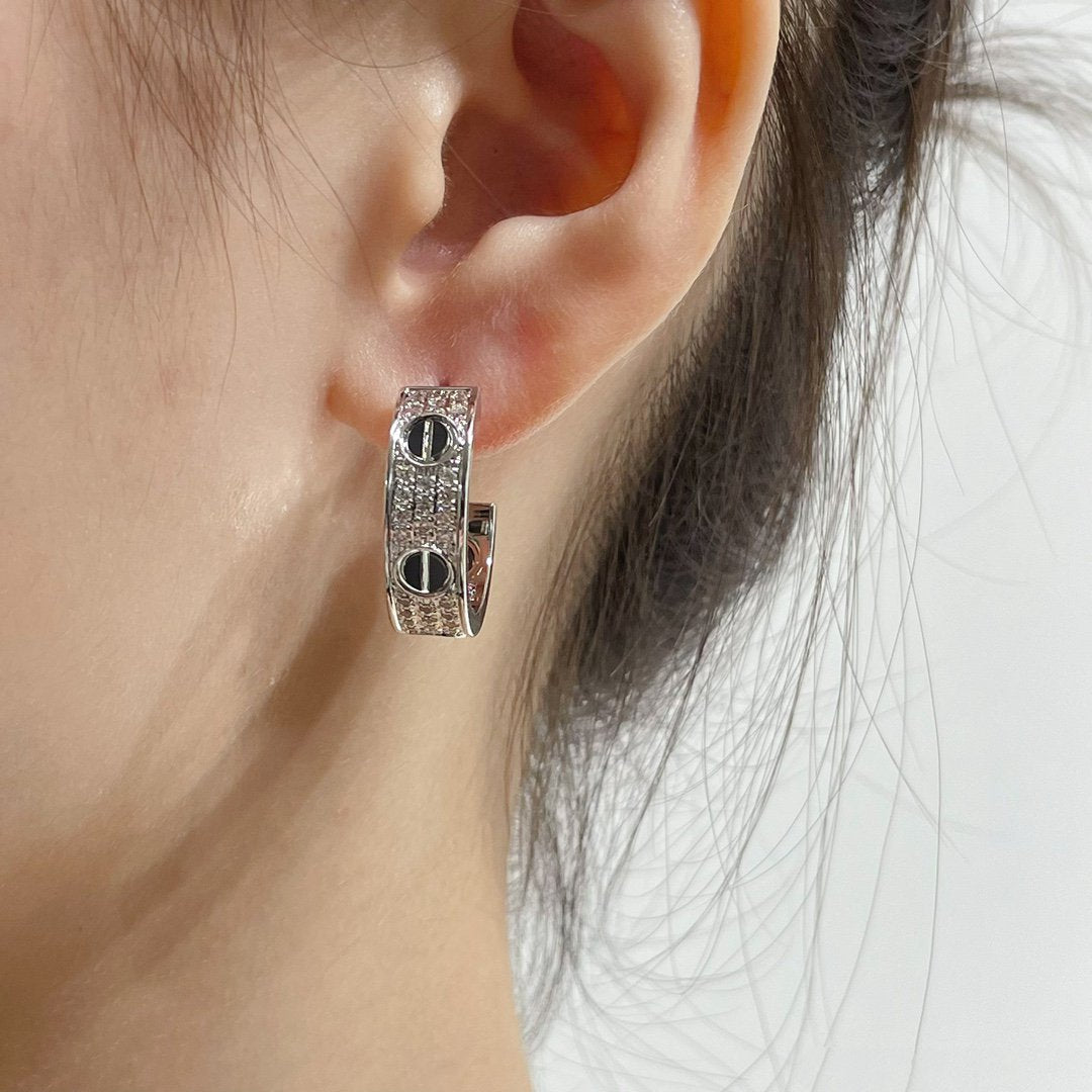 CARTIER LOVE CERAMIC DIAMOND PAVED SILVER EARRINGS