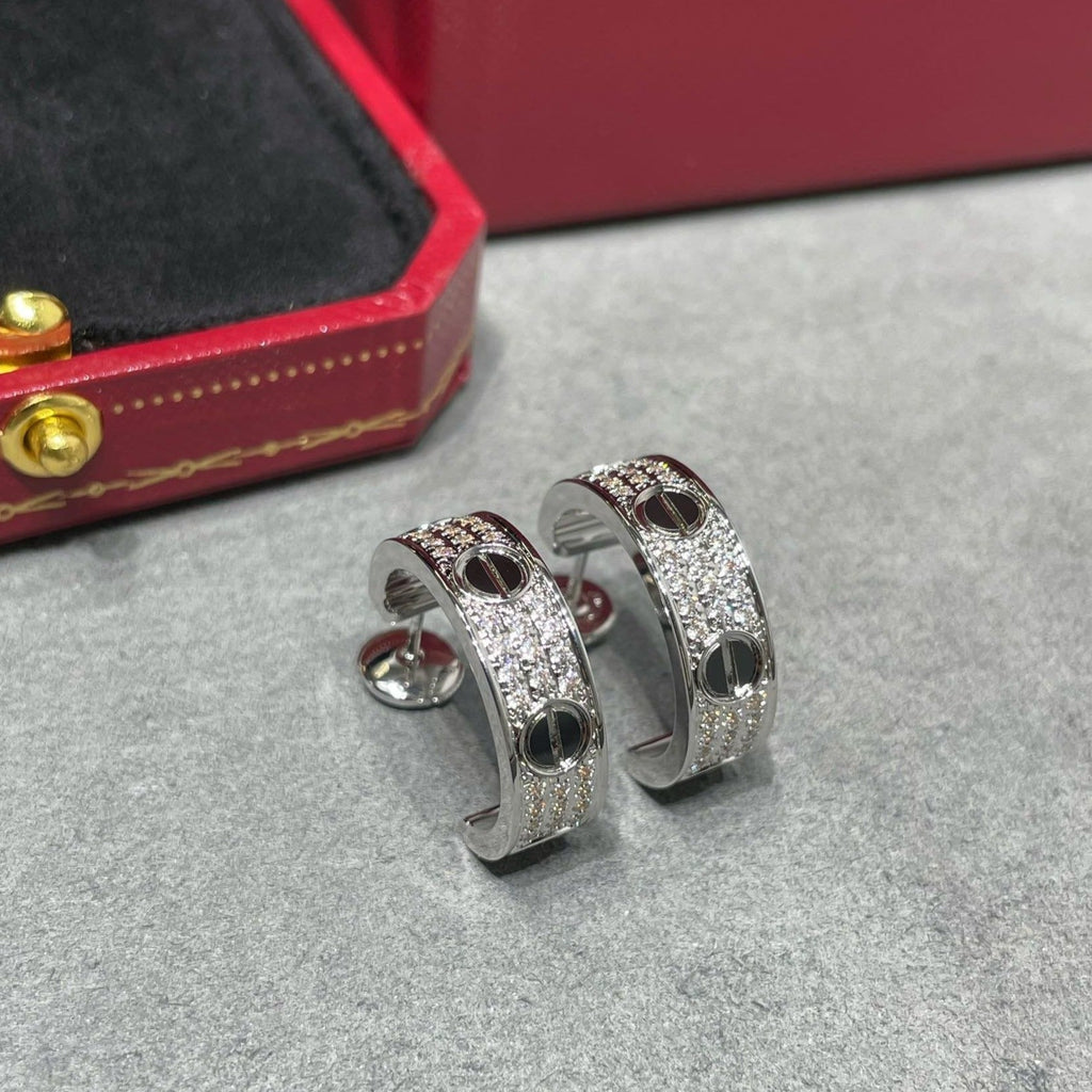 CARTIER LOVE CERAMIC DIAMOND PAVED SILVER EARRINGS