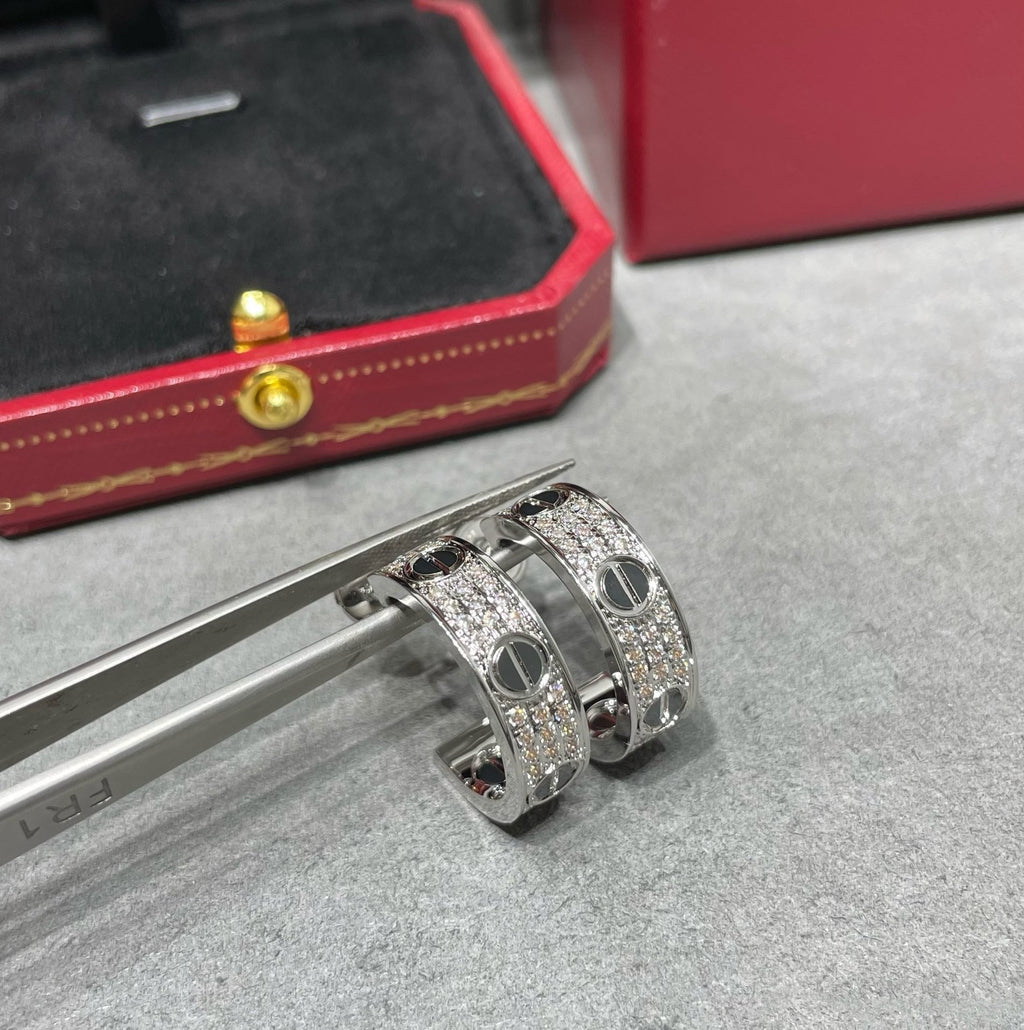 CARTIER LOVE CERAMIC DIAMOND PAVED SILVER EARRINGS