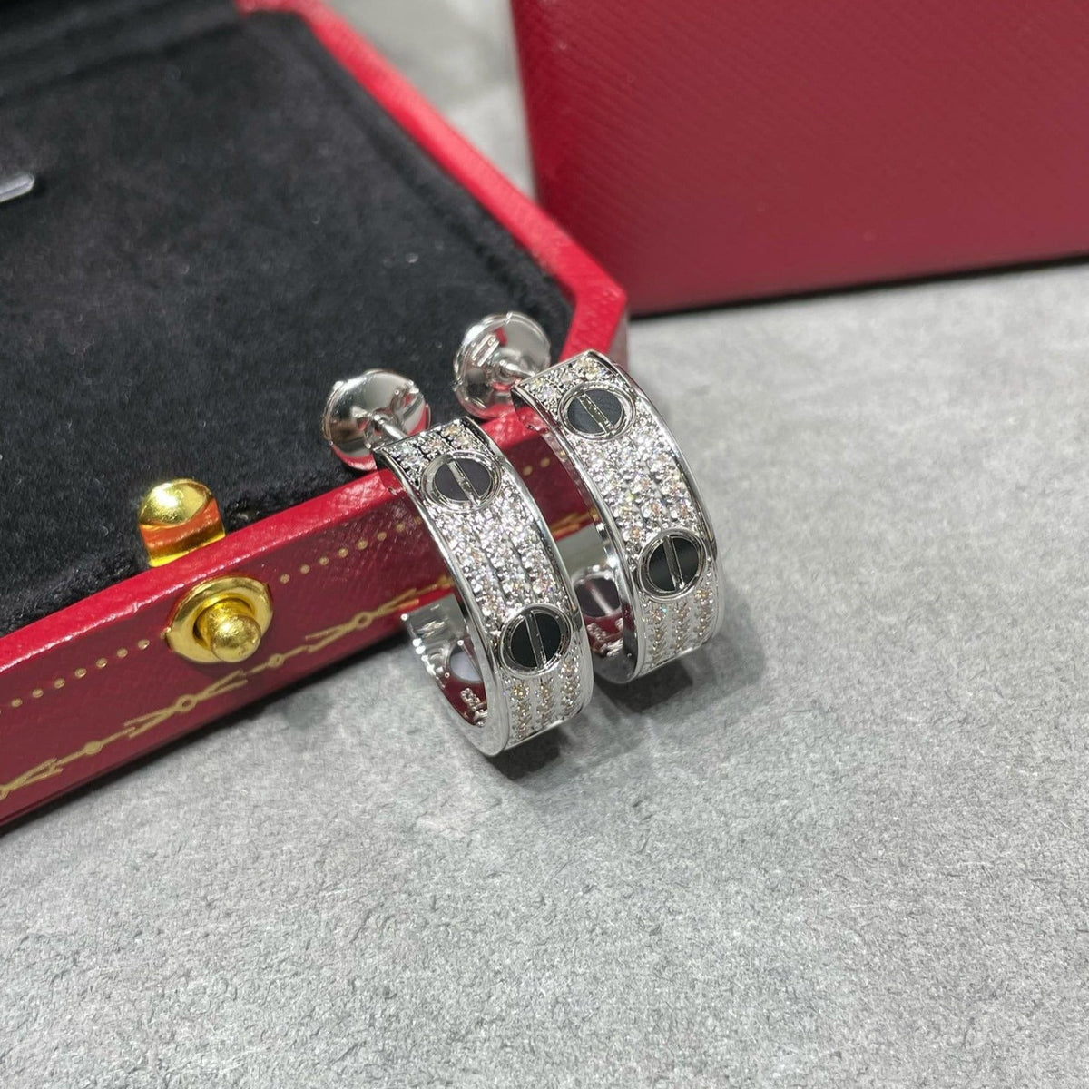 CARTIER LOVE CERAMIC DIAMOND PAVED SILVER EARRINGS