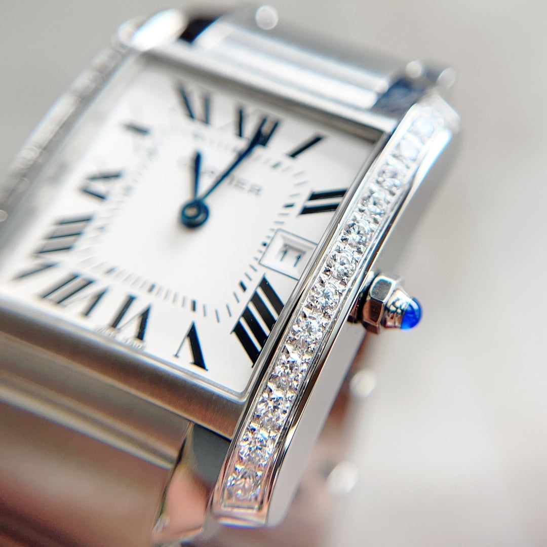 CARTIER TANK FRANCAISE 25 STEEL DIAMOND BEZEL WHITE DIAL