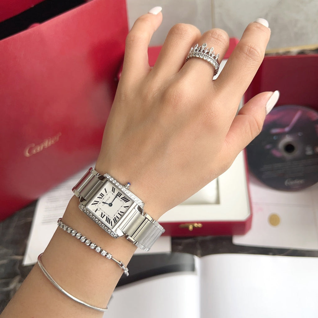 CARTIER TANK FRANCAISE 25 STEEL DIAMOND BEZEL WHITE DIAL