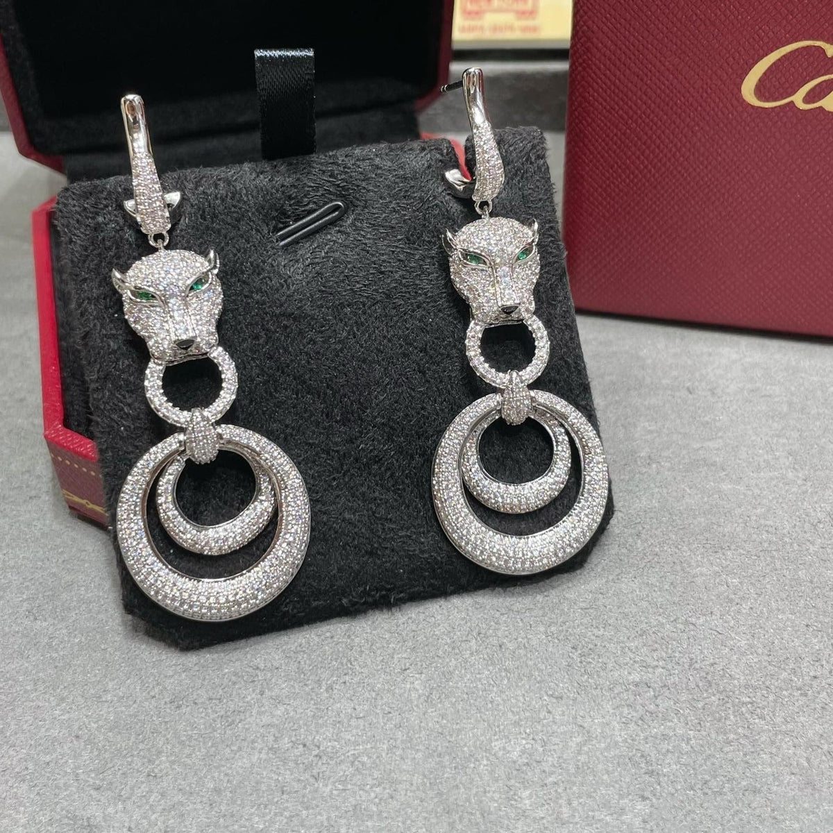 CARTIER PANTHERE DE CARTI SILVER DIAMOND DROP EARRINGS