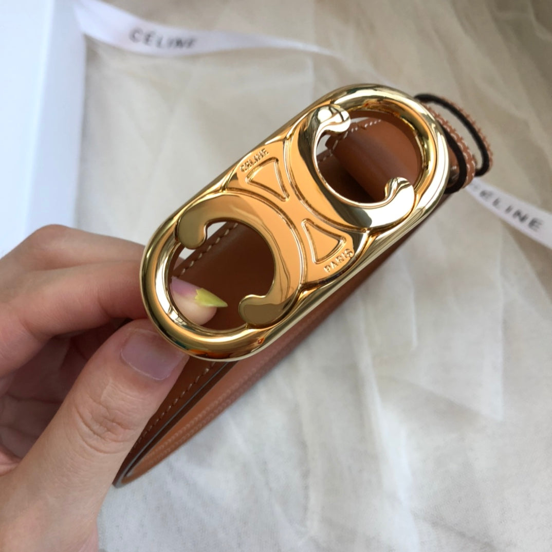 CELINE 25S TRIOMPHE BELT 25MM IN CARAMEL CALFSKIN GOLD HARDWARE 585858