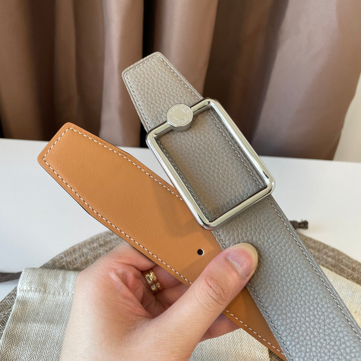 HERMES OSCAR BELT BUCKLE & REVERSIBLE KHAKI BROWN AND ORANGE LEATHER STRAP 38MM SILVER HARDWARE