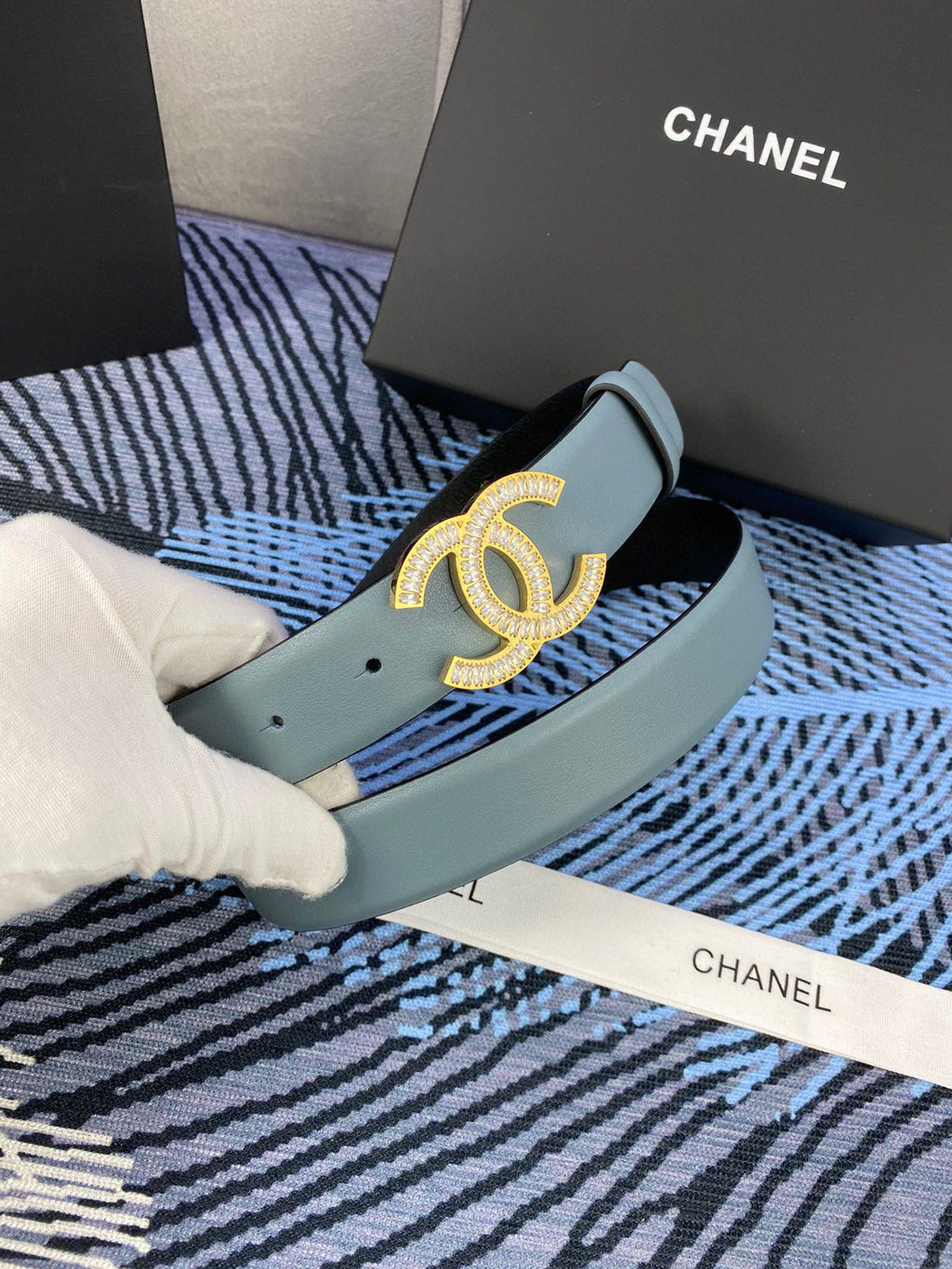 CHANEL 25S BELT 30 MM IN GREY BLUE CALFSKIN WITH GOLD HARDWARE 615102