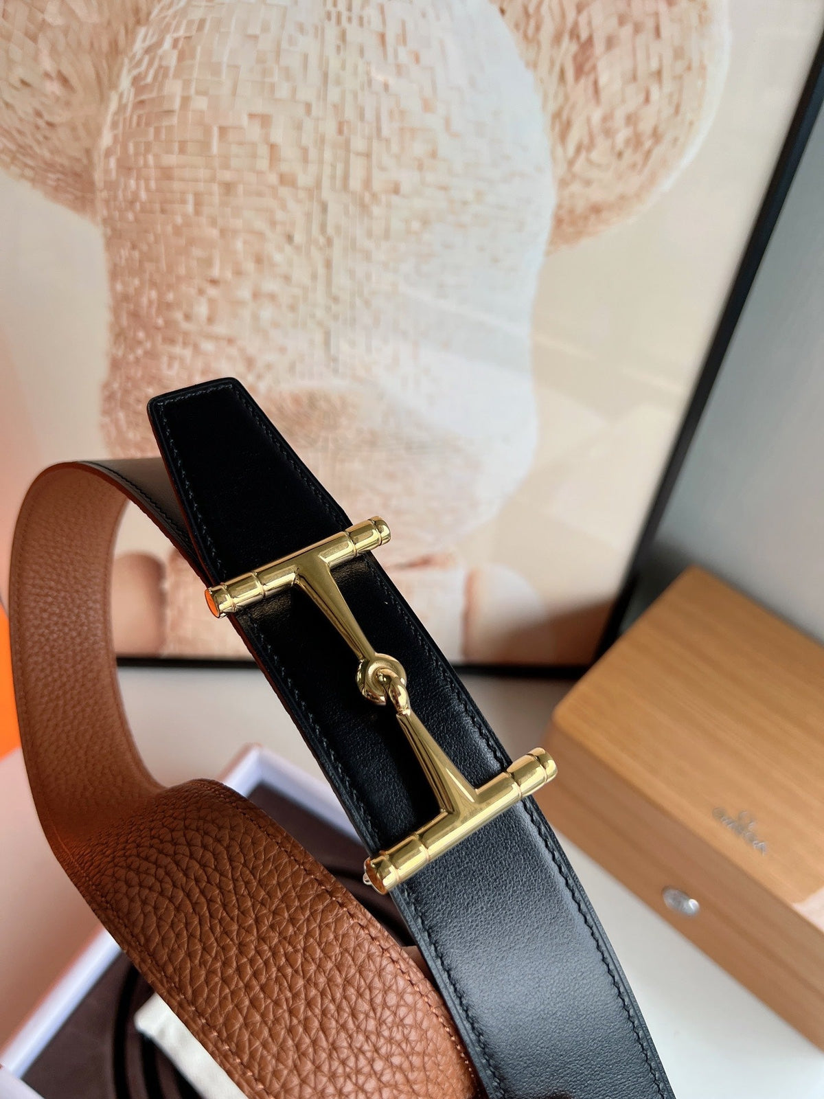 HERMES JUMBO BELT BUCKLE & REVERSIBLE CIDER ORANGE AND BLACK LEATHER STRAP 38 MM GOLD HARDWARE