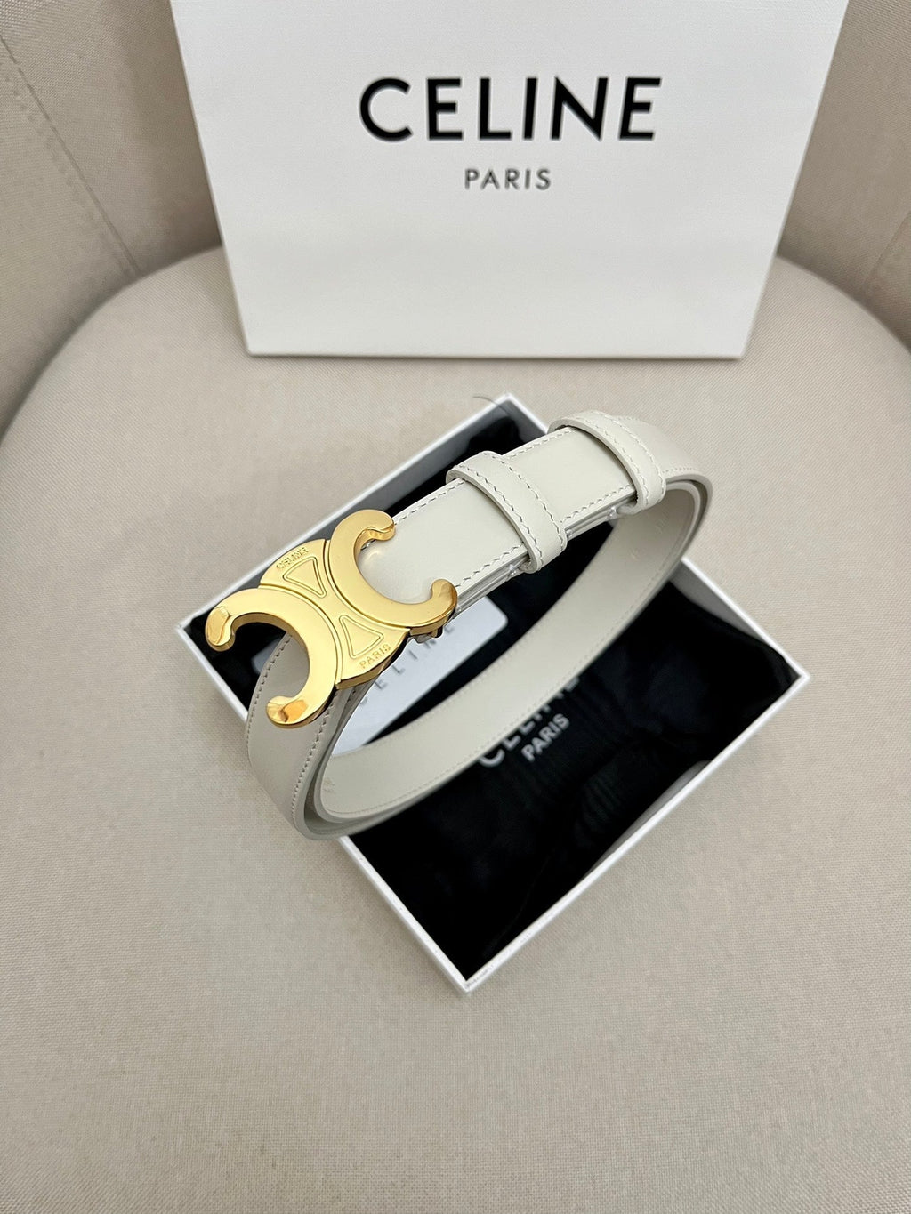 CELINE 25S TRIOMPHE 25MM BELT IN WHITE CALFSKIN GOLD HARDWARE