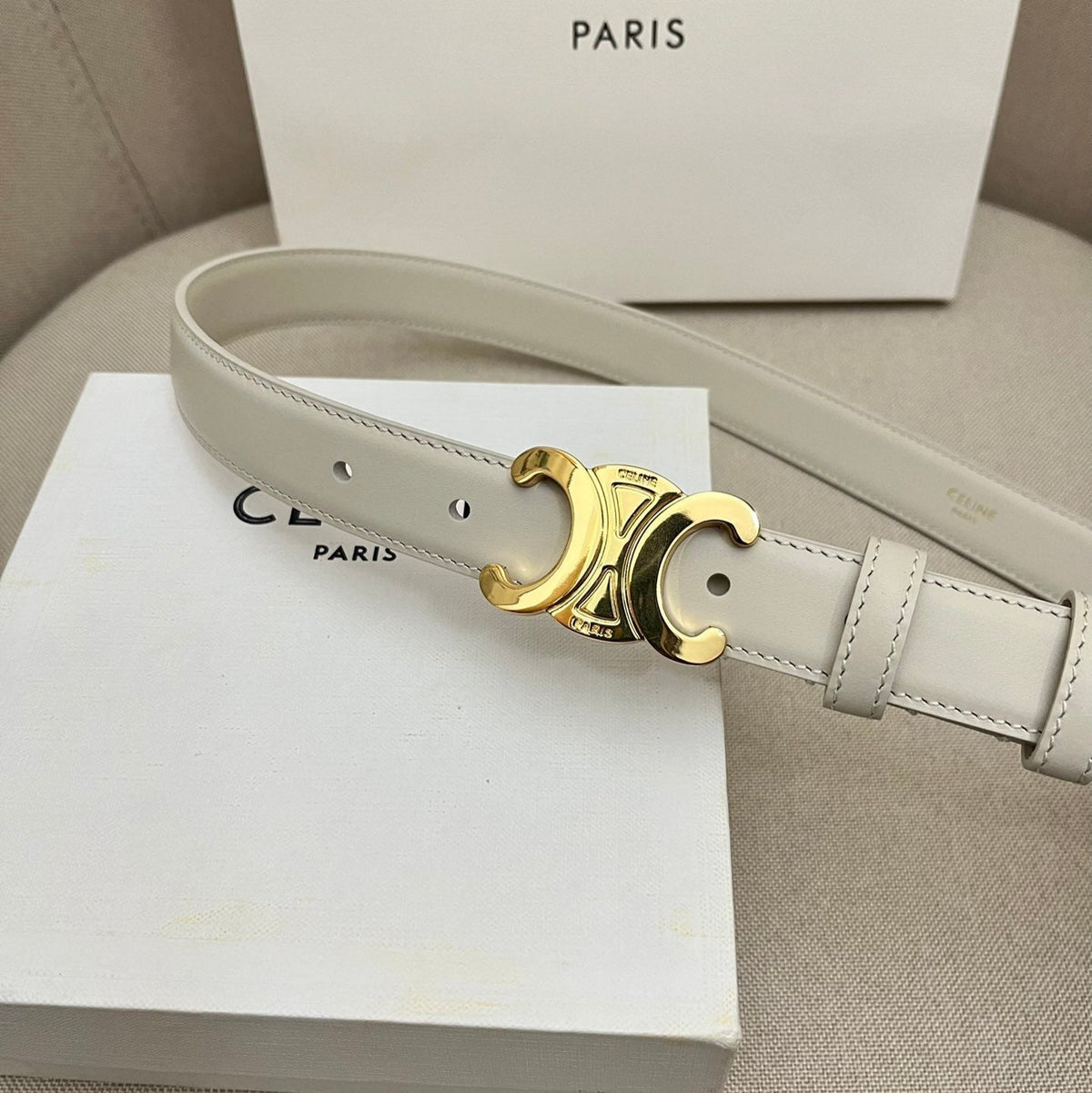 CELINE 25S TRIOMPHE 25MM BELT IN WHITE CALFSKIN GOLD HARDWARE