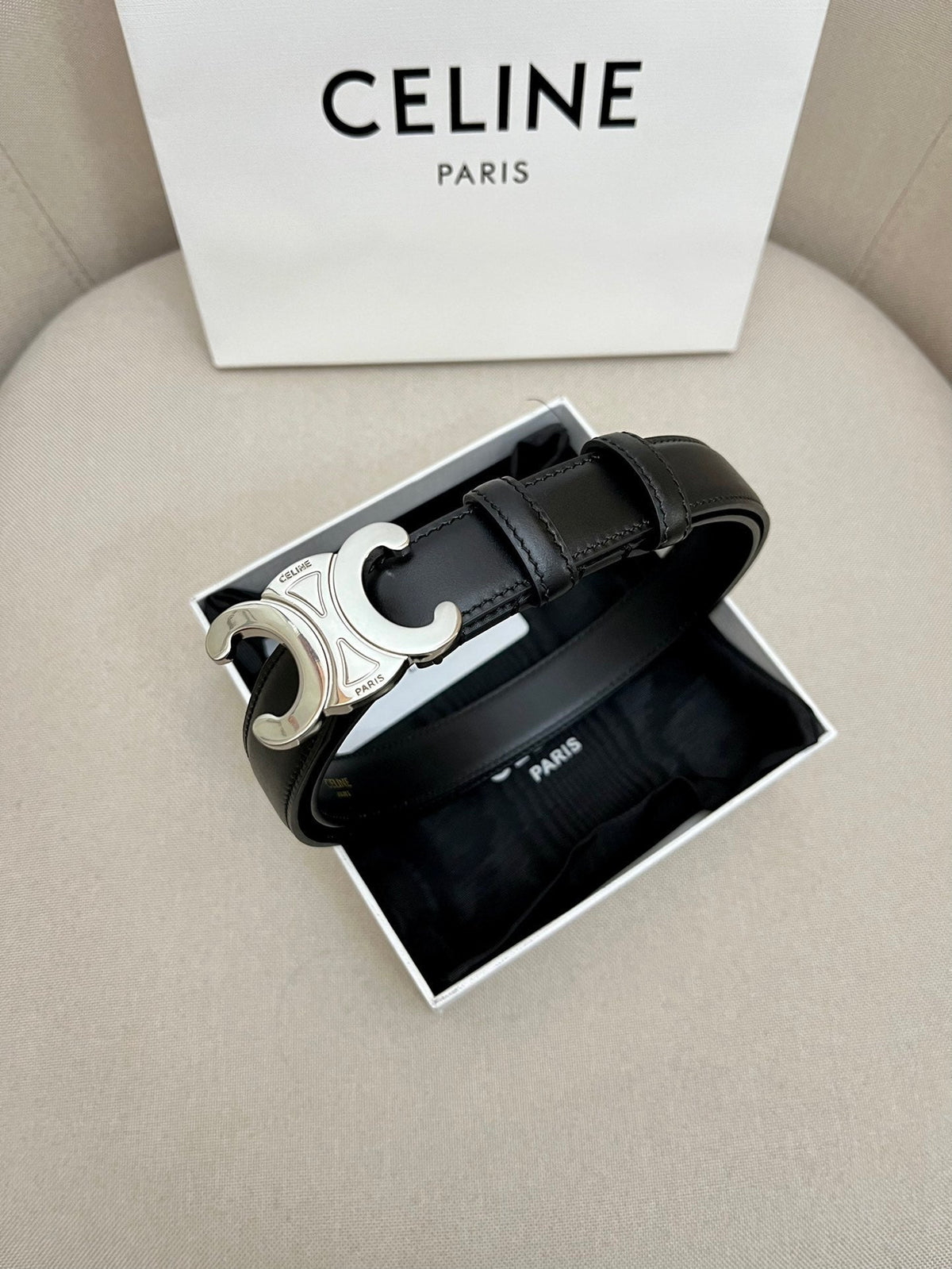 CELINE 25S TRIOMPHE 25MM BELT IN BLACK CALFSKIN SILVER HARDWARE