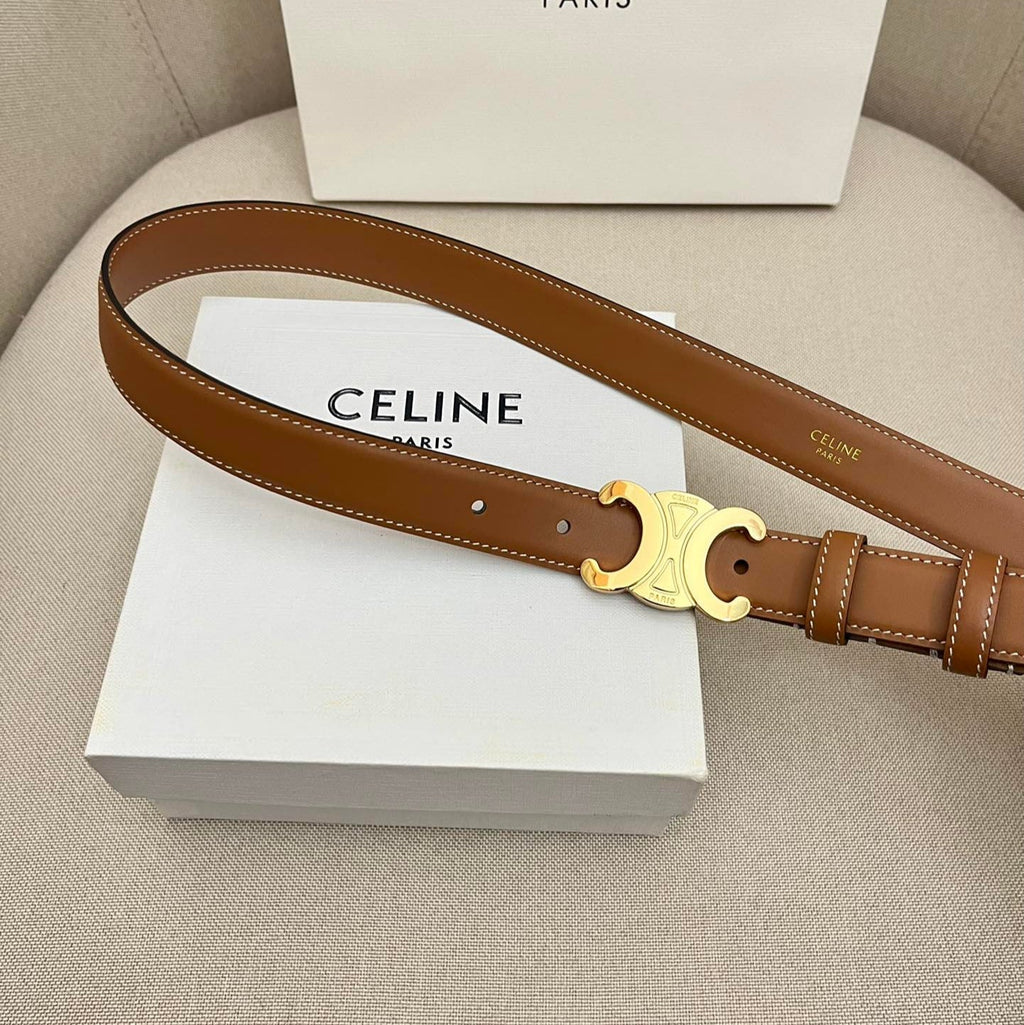 CELINE 25S TRIOMPHE 25MM BELT IN CARAMEL CALFSKIN GLOD HARDWARE