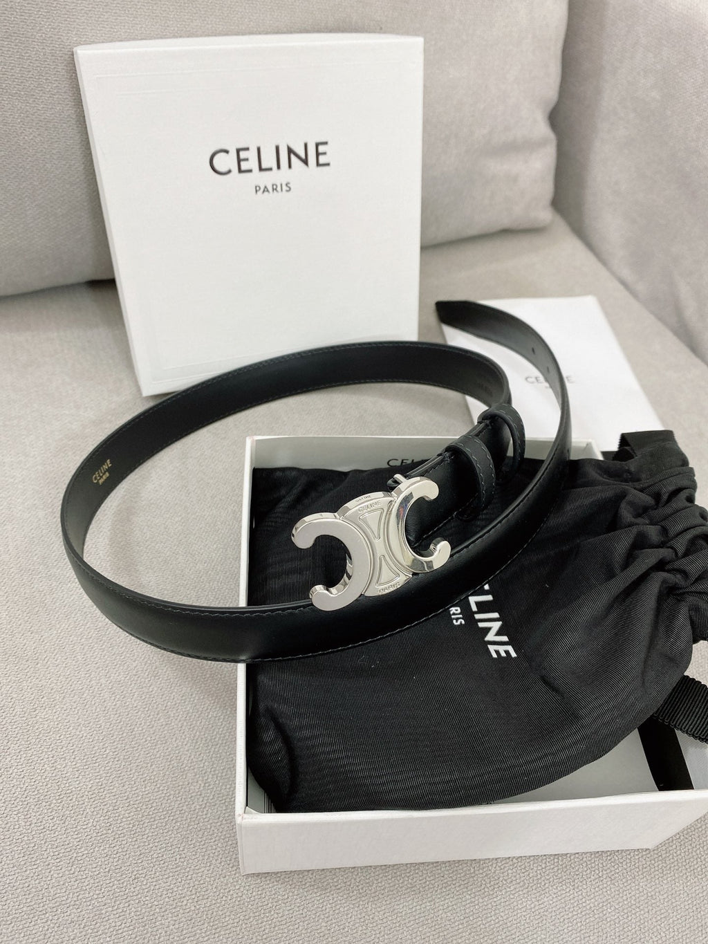 CELINE 25S TRIOMPHE BELT 25MM IN BLACK CALFSKIN SILVER HARDWARE 580680