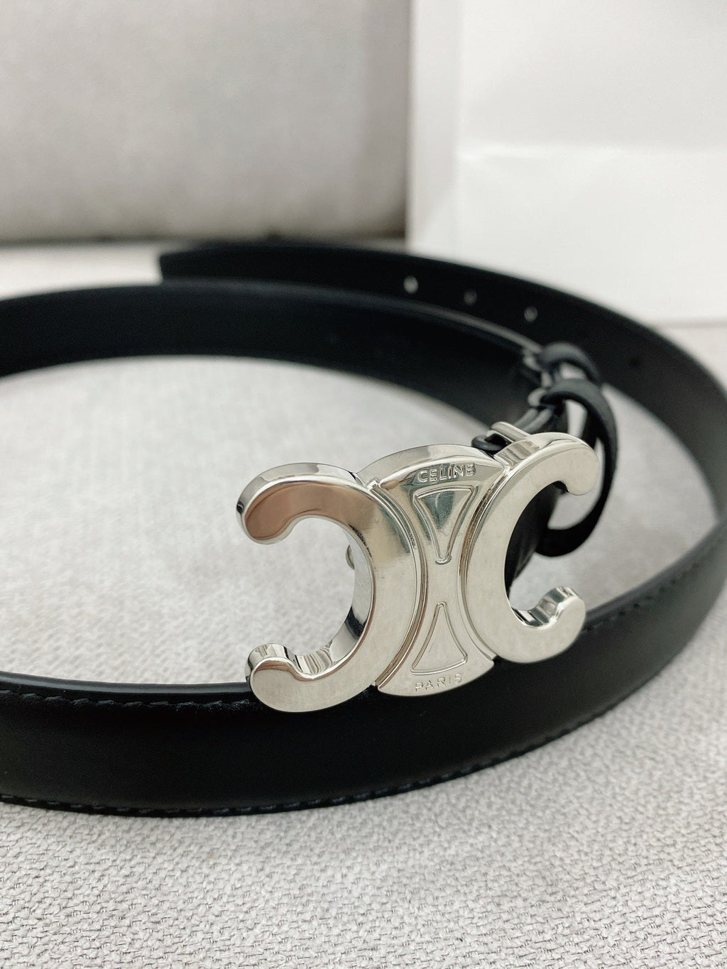 CELINE 25S TRIOMPHE BELT 25MM IN BLACK CALFSKIN SILVER HARDWARE 580680
