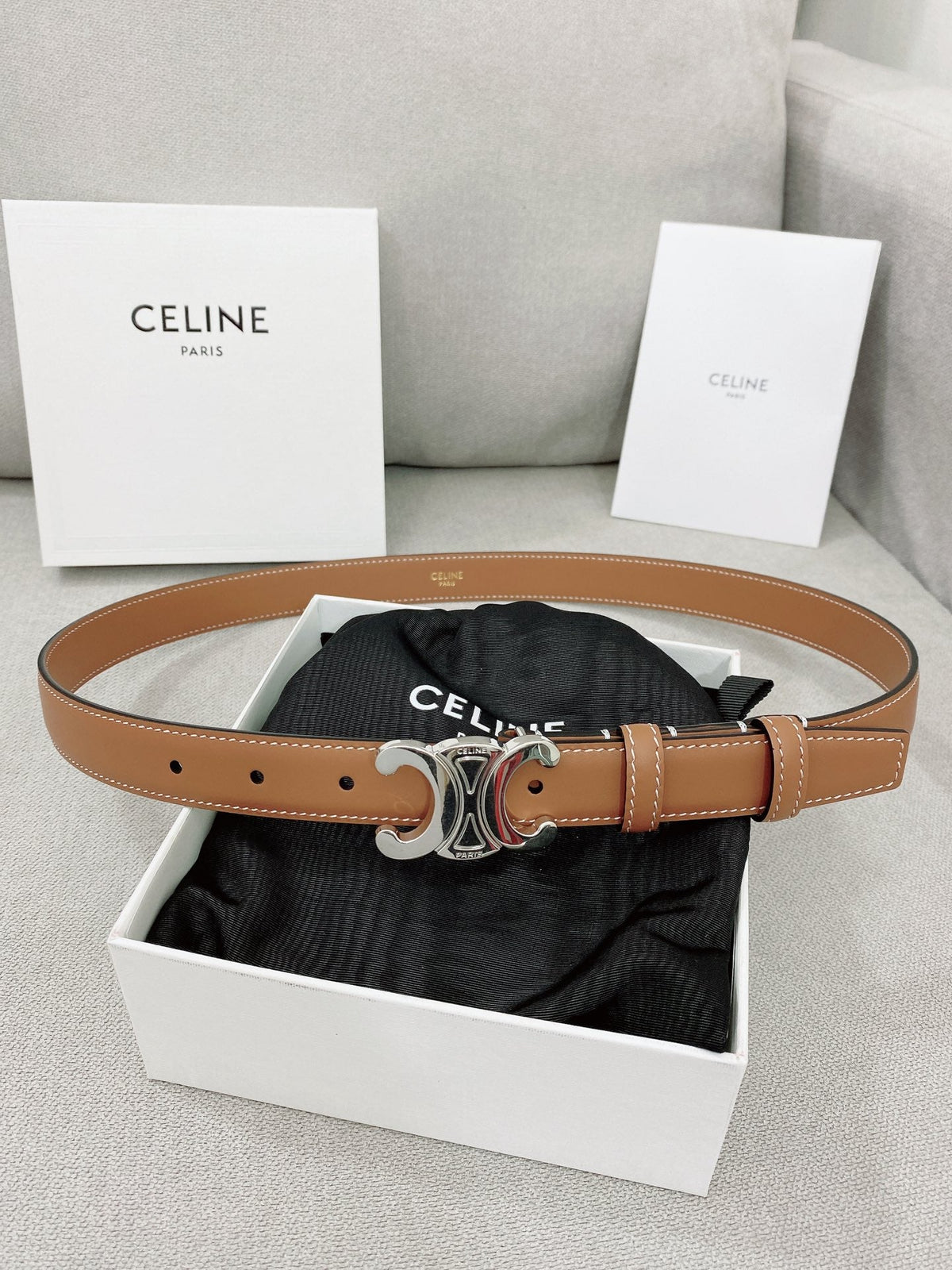 CELINE 25S TRIOMPHE BELT 25MM IN BROWN CALFSKIN SILVER HARDWARE 580678