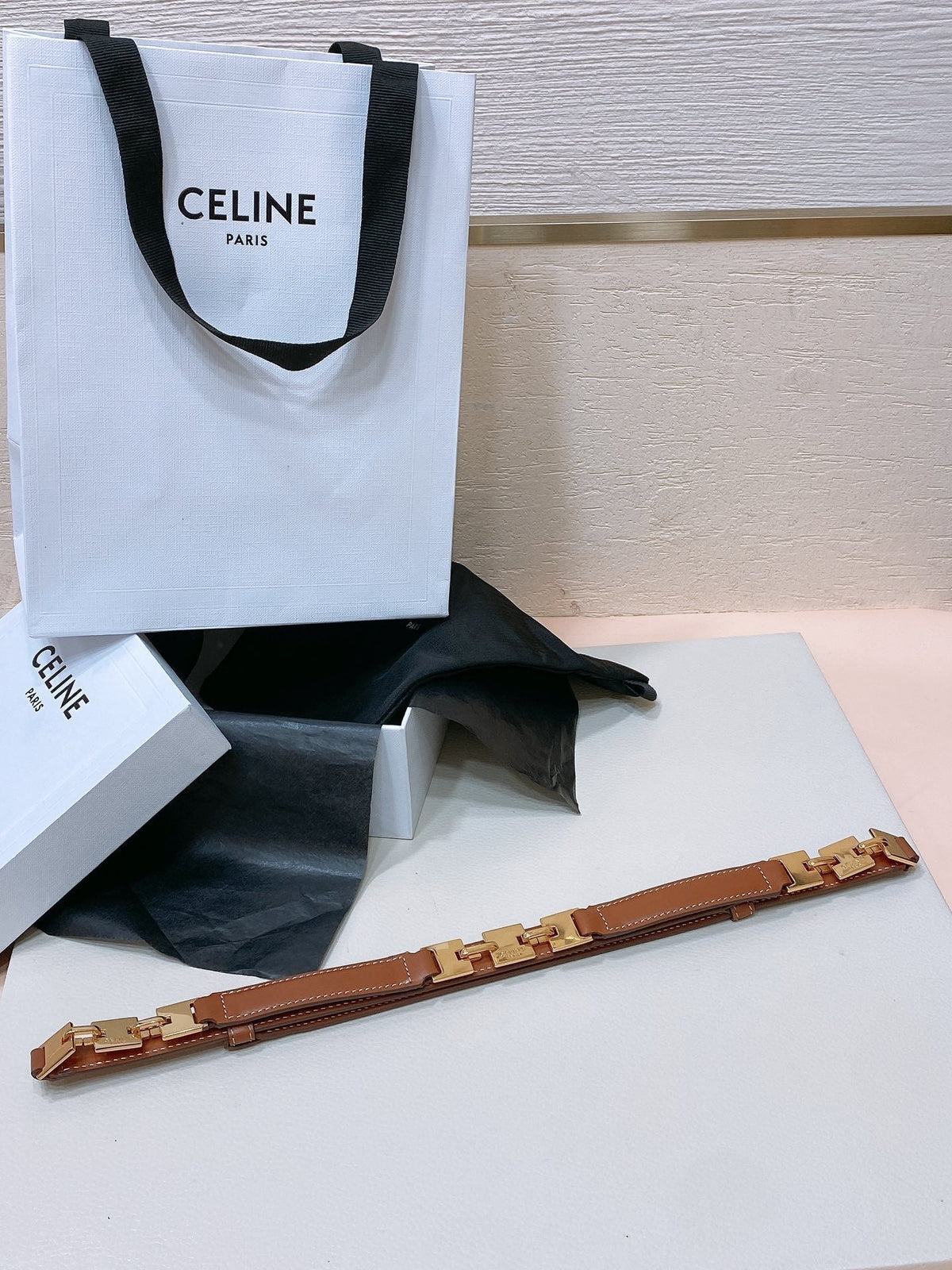 CELINE CL SMALL 18 MM SQUARE ADJUSTABLE BELT IN BRONZE BROWN LEATHER GOLD HARDWARE