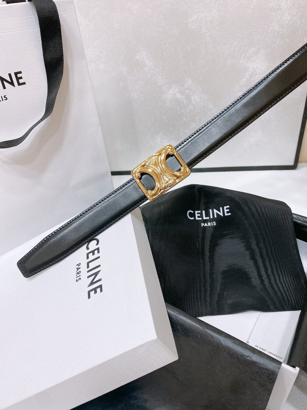 CELINE CL MEDIUM 25 MM TRIOMPHE BELT IN TAURILLON AND BLACK CALFSKIN GOLD HARDWARE