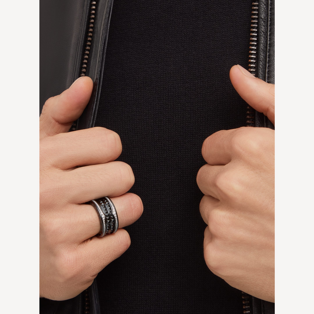 Bvlgari ZERO 1 ROCK FOUR-BAND BLACK CERAMIC WITH STUDDED SPIRAL AND PAVED DIAMONDS RING