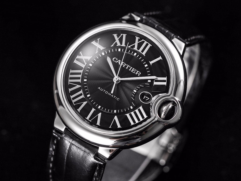 CARTIER BALLON BLEU 42 BLACK DIAL LEATHER BRACELET