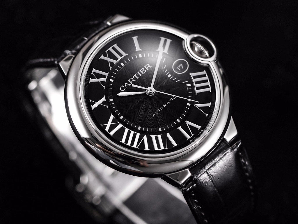 CARTIER BALLON BLEU 42 BLACK DIAL LEATHER BRACELET