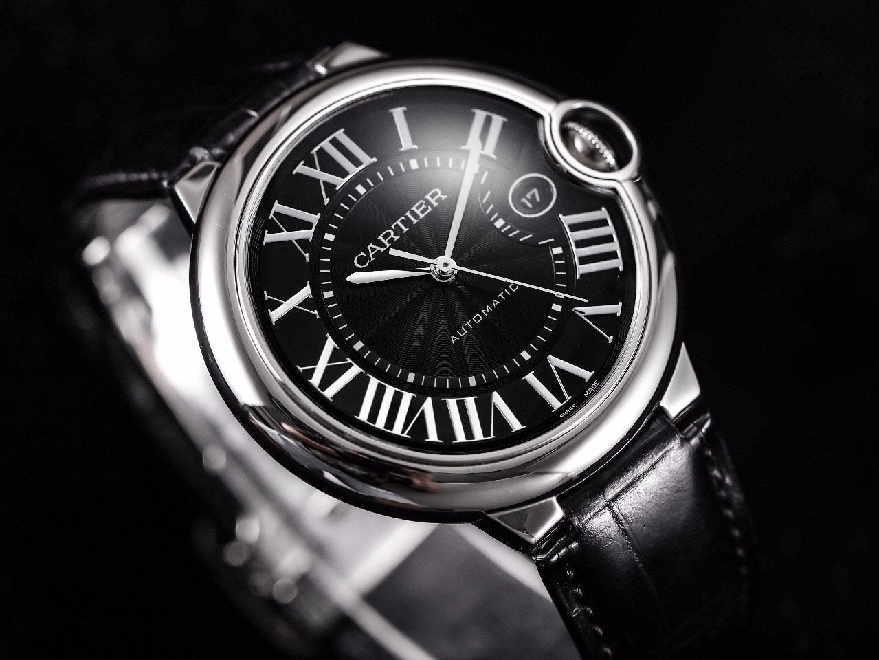 CARTIER BALLON BLEU 42 BLACK DIAL LEATHER BRACELET