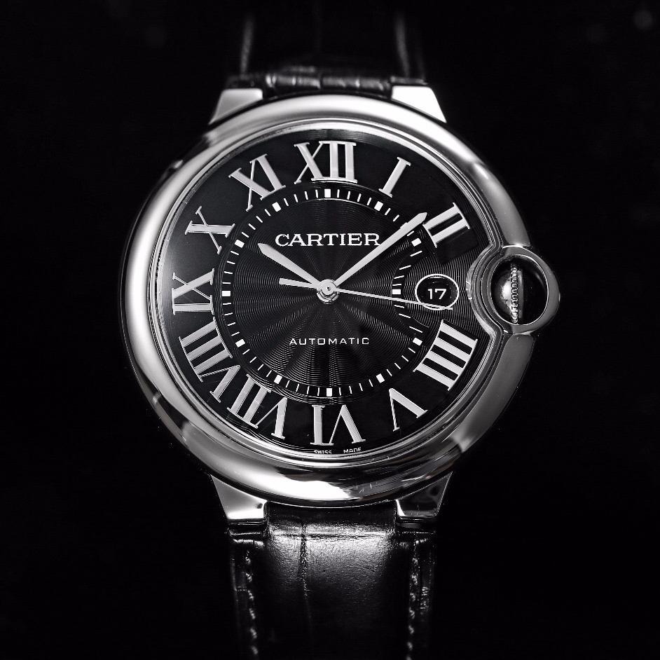 CARTIER BALLON BLEU 42 BLACK DIAL LEATHER BRACELET