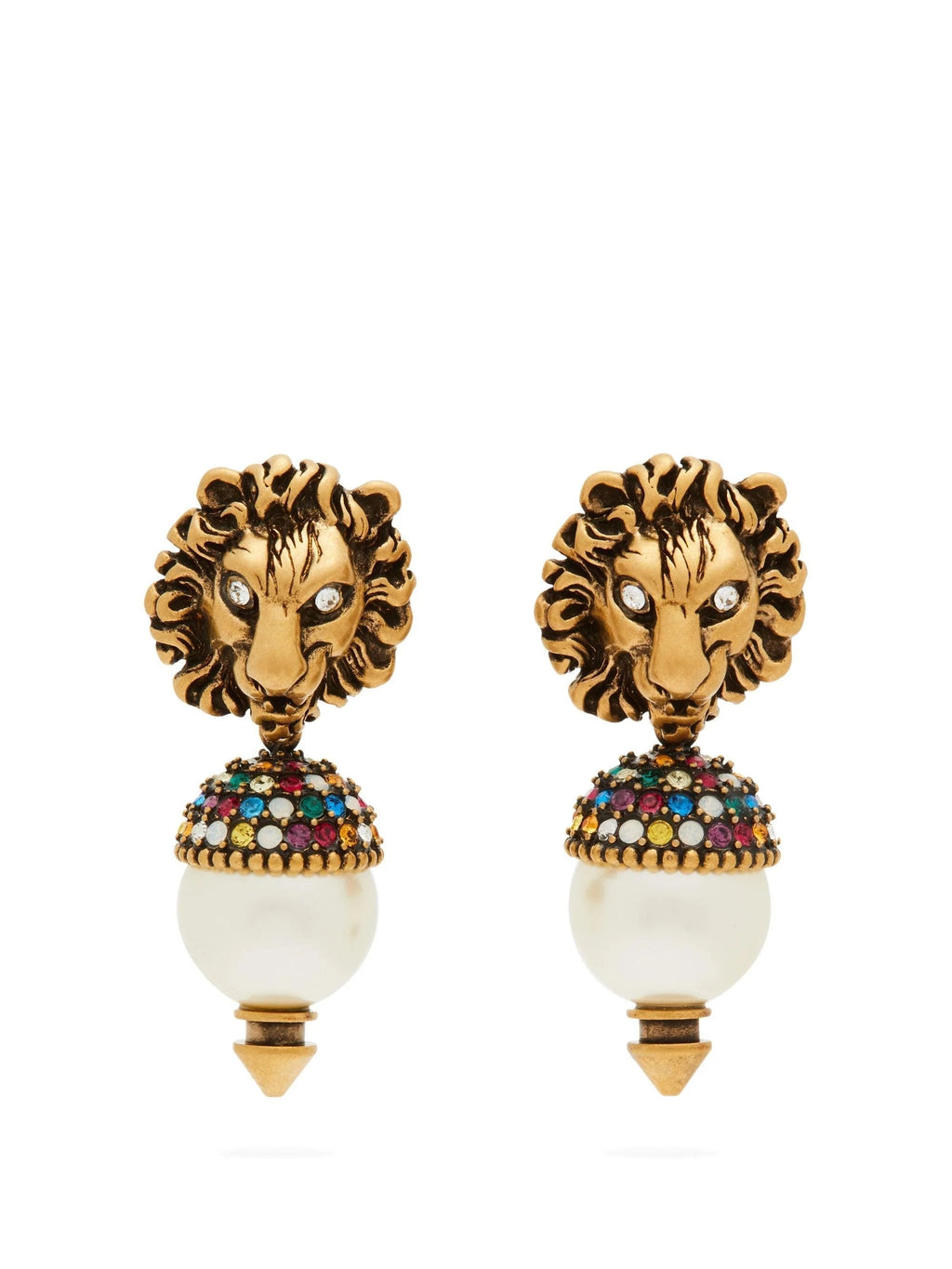 GUCCI LION HEAD PEARL COLORED DIAMOND EARRINGS
