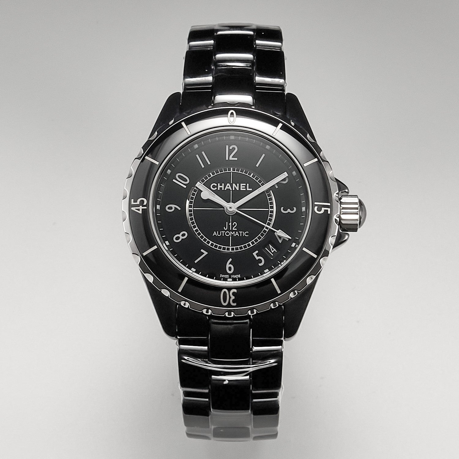 CHANEL J12 Date Automatic Black Ceramic White Numerals Black Dial White Steel Hands