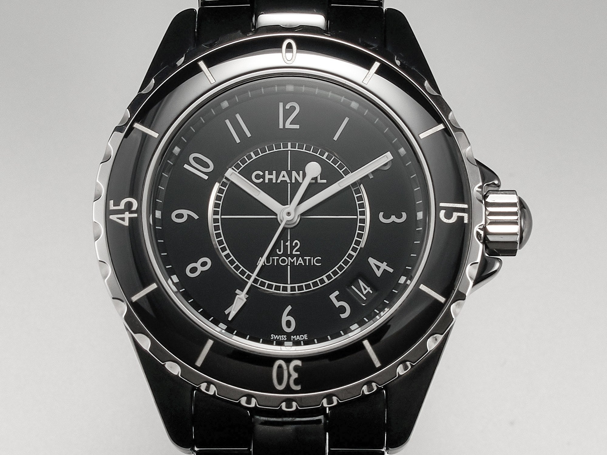 CHANEL J12 Date Automatic Black Ceramic White Numerals Black Dial White Steel Hands