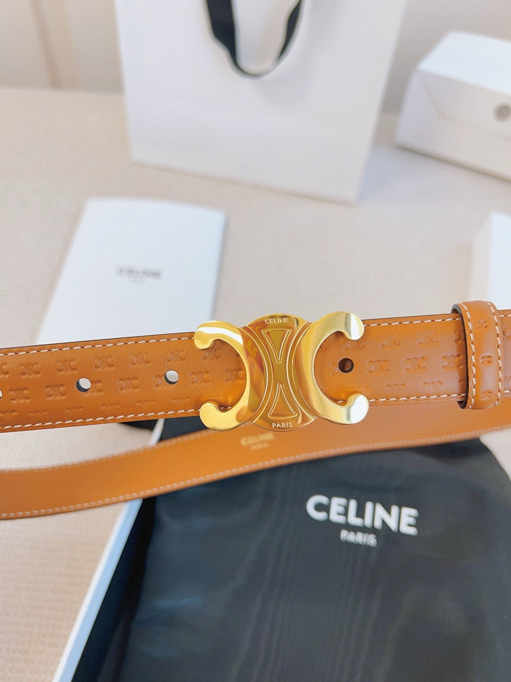 CELINE 25S BELT TRIOMPHE 25MM IN LIGHT BROWN CALFSKIN DEBOSSED LOGO 563331