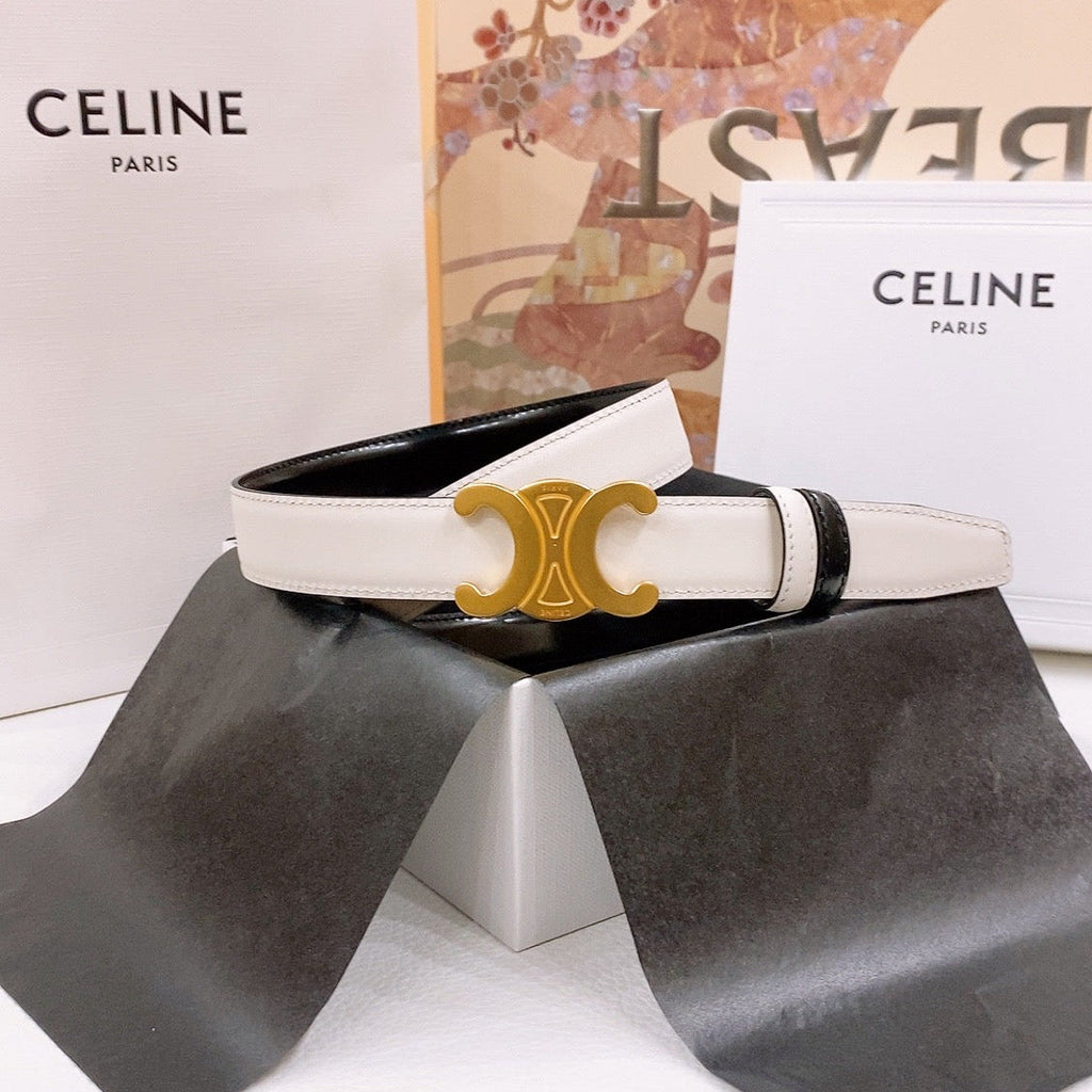 CELINE 25S BELT 25MM REVERSIBLE TRIOMPHE IN WHITE CALFSKIN 565537