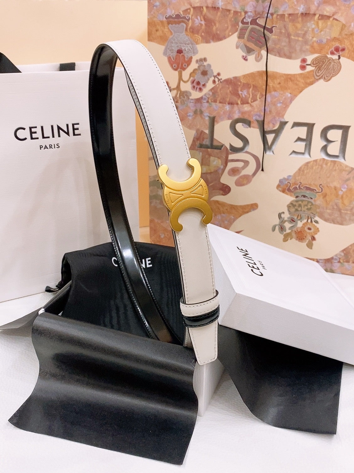 CELINE 25S BELT 25MM REVERSIBLE TRIOMPHE IN WHITE CALFSKIN 565537